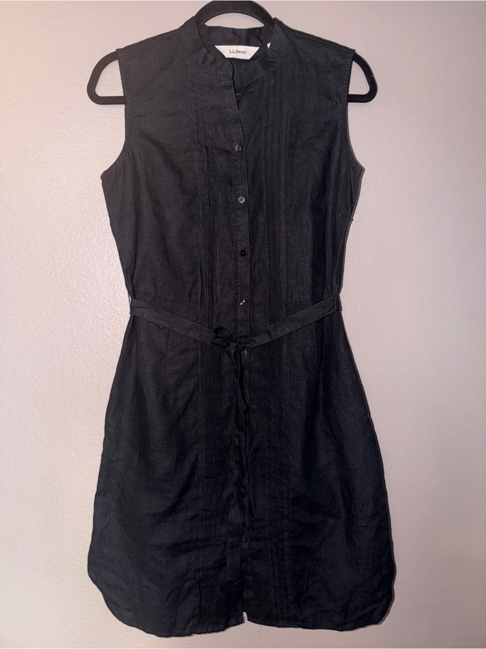 L.L. Bean Black Sleeveless Button-Front Mini Dress with Self-Tie Waist